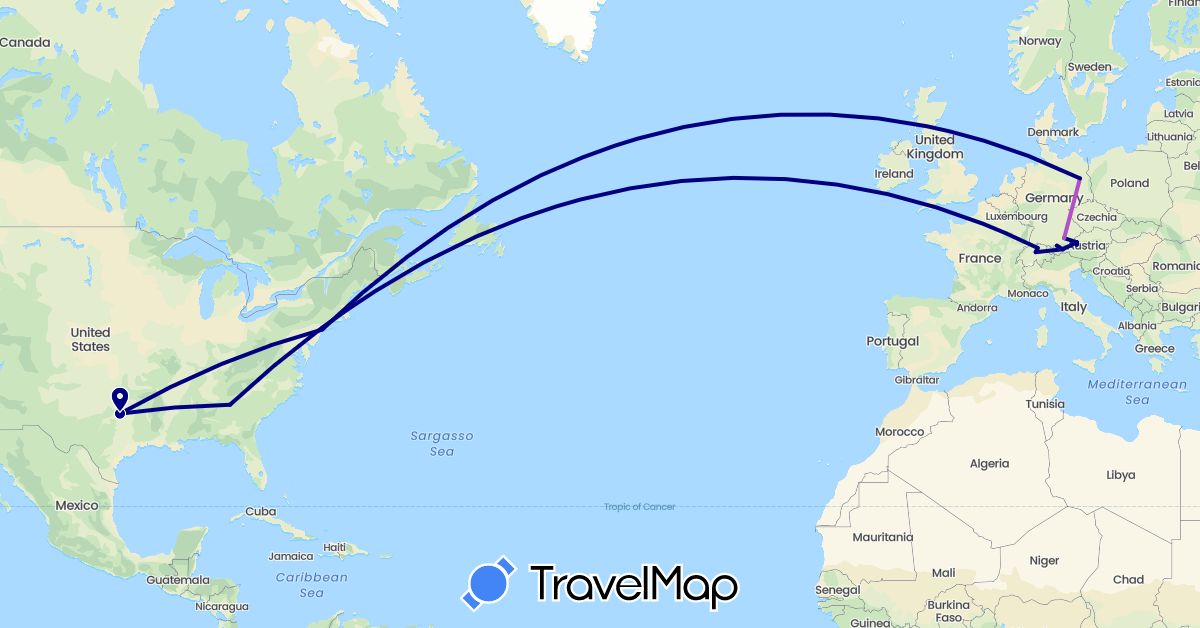 TravelMap itinerary: driving, train in Austria, Switzerland, Germany, United States (Europe, North America)